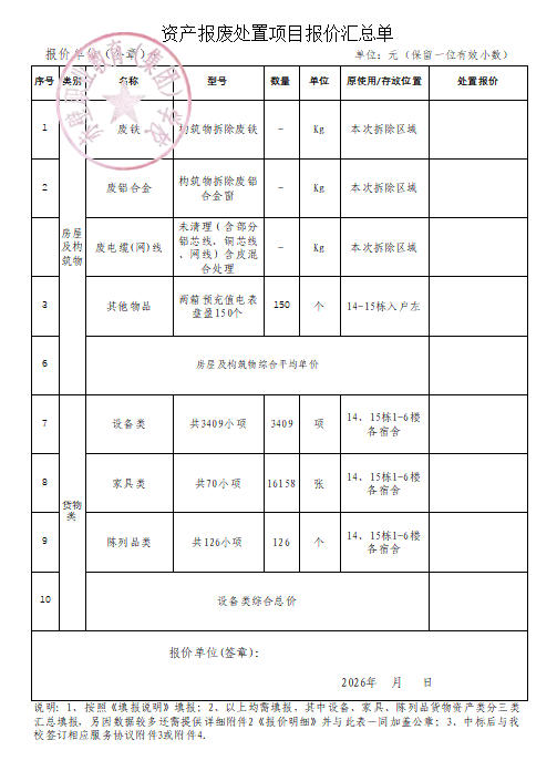 固定资产报废处置残值询价公告（函）
